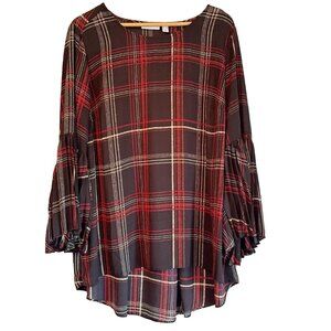Susan Graver Womens 18W Black Red Plaid Top Pleated 3/4 Bell Sleeve Quiet Luxury